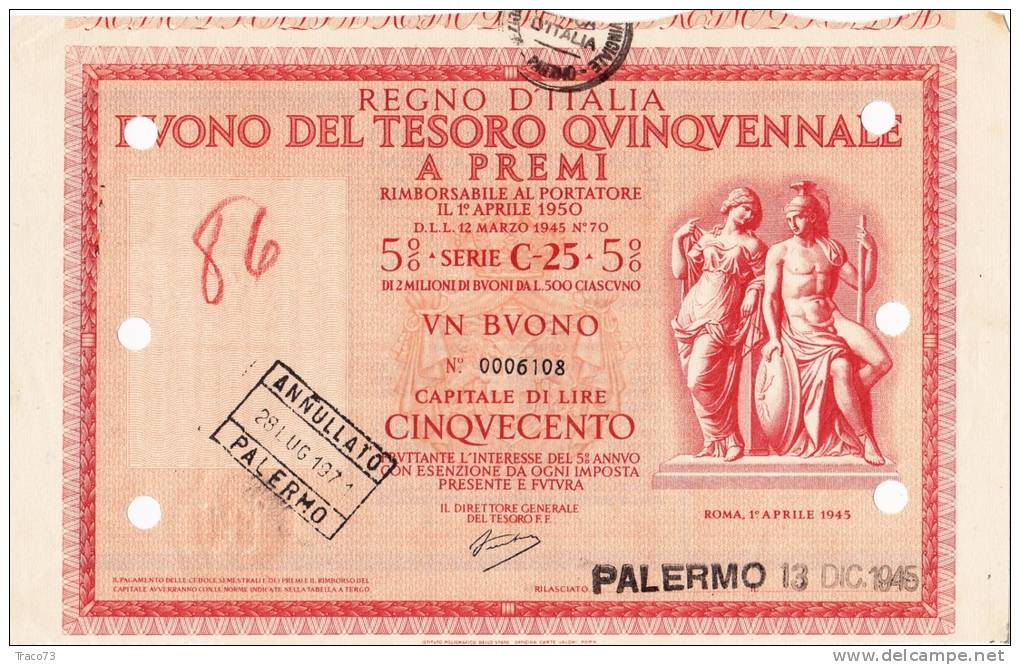 BUONO DEL TESORO QUINQUENNALE A PREMI  /  1 Buono _  Lire Cinquecento - 1945 - Banque & Assurance