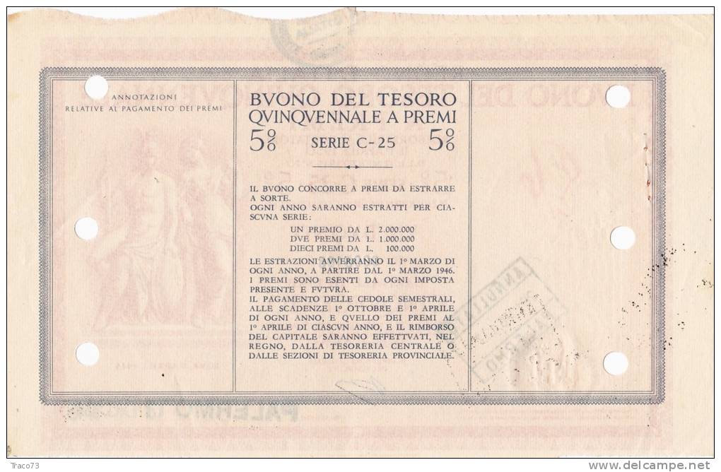 BUONO DEL TESORO QUINQUENNALE A PREMI  /  1 Buono _  Lire Cinquecento - 1945 - Banque & Assurance