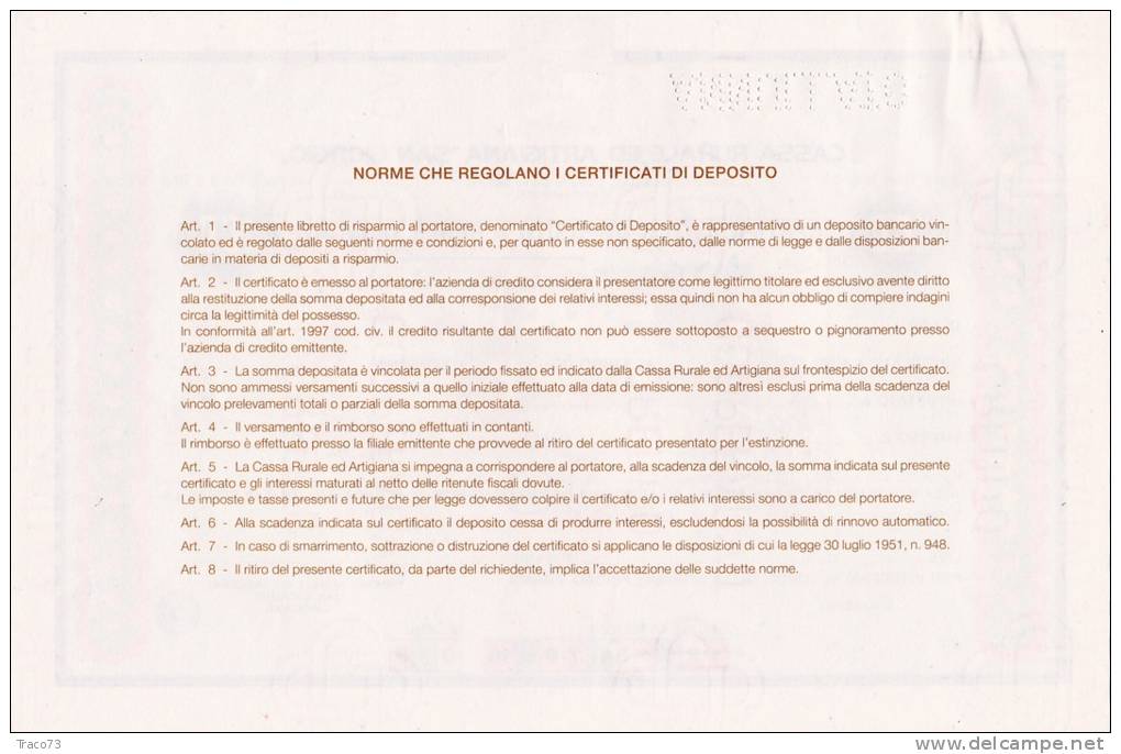 CASSA RURALE ED ARTIGIANA  "SAN GIORGIO"/ Certificato Di Deposito A Breve Termine _ Fino A 100 Mln Di Lire - ANNULLATO - Banco & Caja De Ahorros