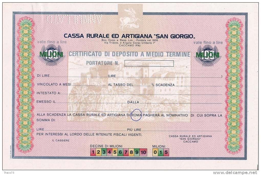 CASSA RURALE ED ARTIGIANA  "SAN GIORGIO"/ Certificato Di Deposito A Medio Termine _ Fino A 100 Mln Di Lire - ANNULLATO - Banco & Caja De Ahorros