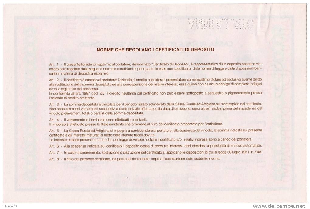 CASSA RURALE ED ARTIGIANA  "SAN GIORGIO"/ Certificato Di Deposito A Medio Termine _ Fino A 100 Mln Di Lire - ANNULLATO - Banco & Caja De Ahorros