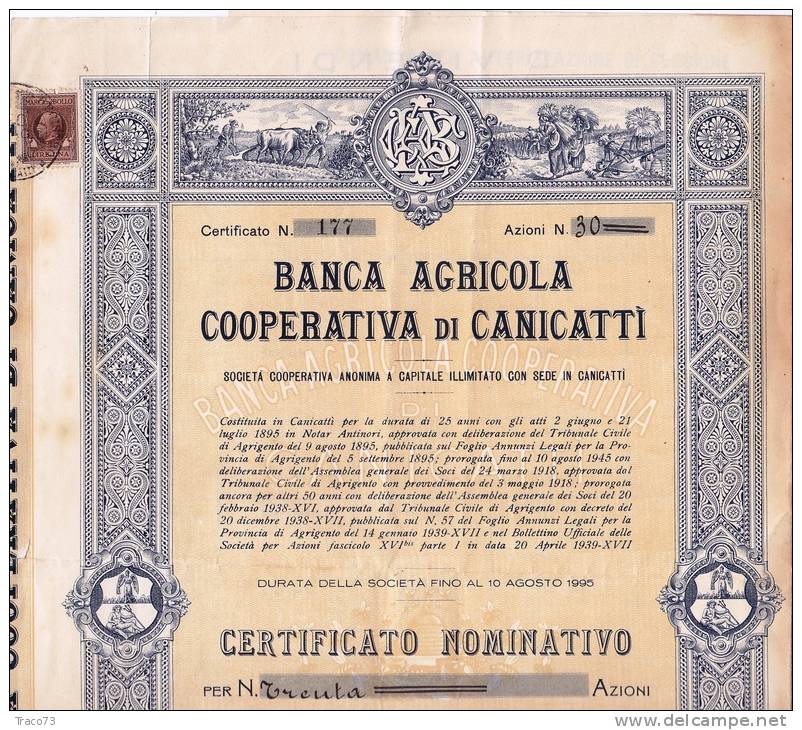 BANCA AGRICOLA COOPERATIVA DI CANICATTI´ / Certificato Nominativo Per 30 Azioni Da Lire 100 Ciascuna _ 1940 - Banco & Caja De Ahorros