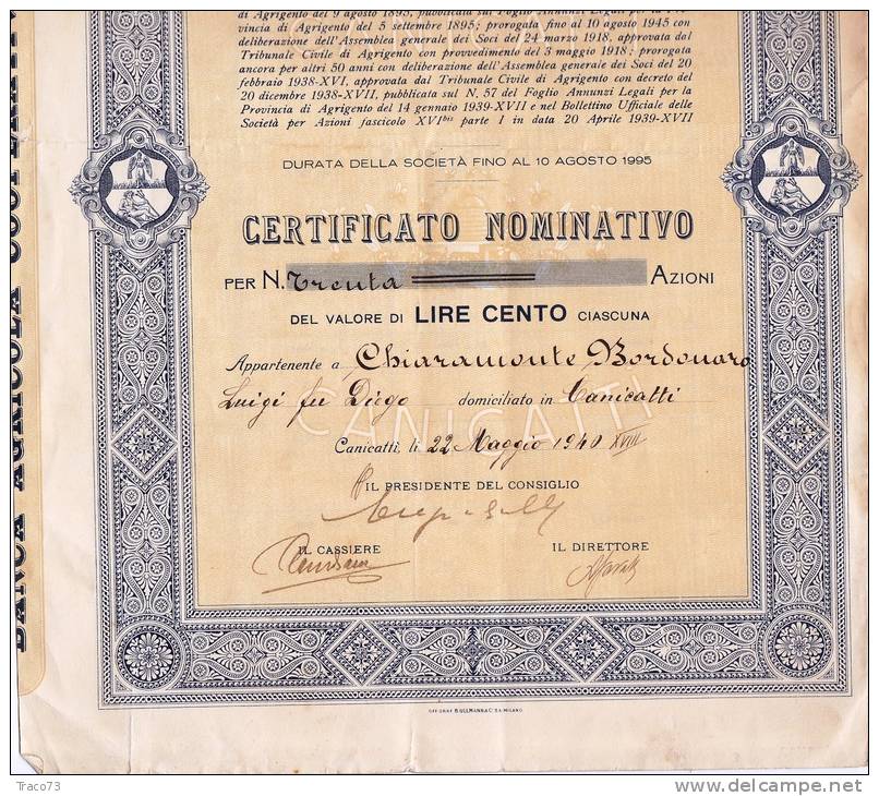 BANCA AGRICOLA COOPERATIVA DI CANICATTI´ / Certificato Nominativo Per 30 Azioni Da Lire 100 Ciascuna _ 1940 - Banco & Caja De Ahorros