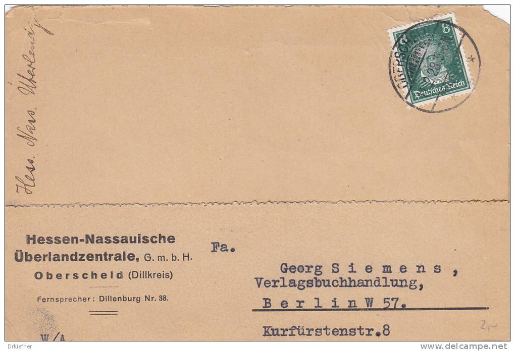 DR 389 EF, Auf Geschäfts-Postkarte Der Hess.-Nass. Überlandzentrale, Stempel: Oberscheid 11.2.1928 - Gebraucht