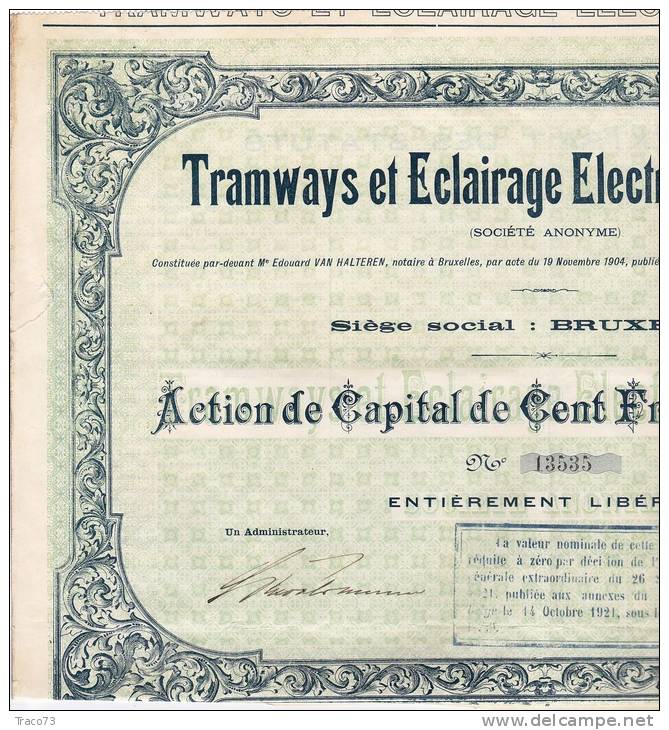 TRAMWAYS ET ECLAIRAGE ELETRIQUES A´ CATANE /  Action De Capital De Cent. Francs Au Pourteur _ 1921 - Ferrocarril & Tranvías