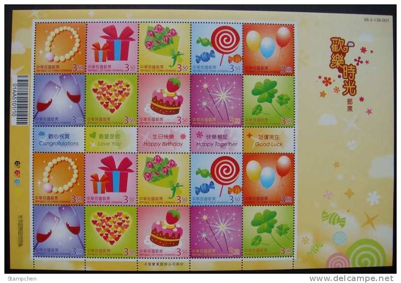 NT$3.5 2009 Happy Times Stamps Sheet Champagne Liquor Wine Pearl Bouquet Rose Candy Balloon Heart Cake Chocolate - Wines & Alcohols