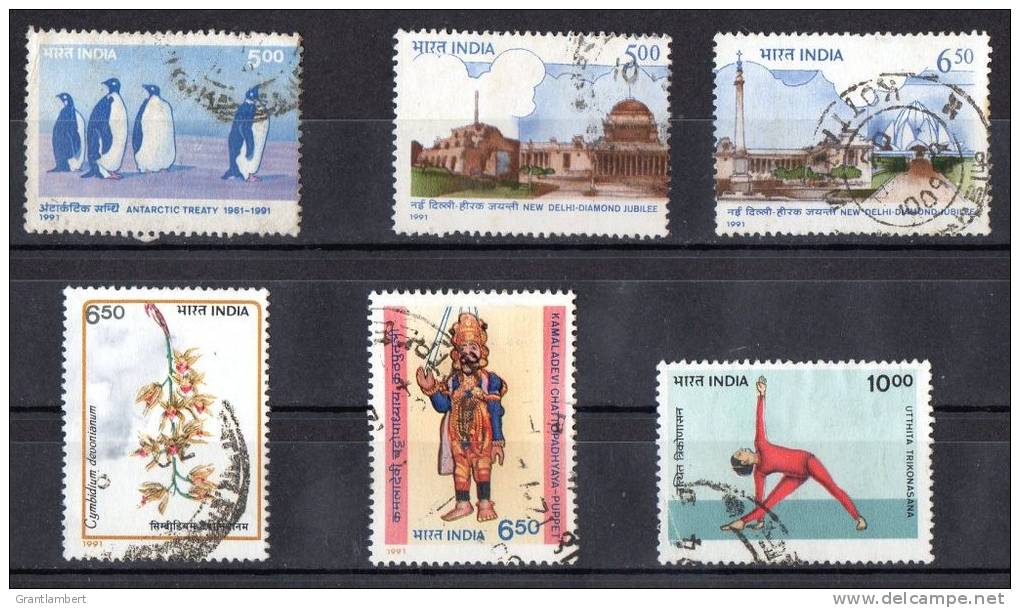 India 1991 Selected Issues Used - Antarctic, New Delhi Jubilee, Orchid, Handicrafts, Yoga - Used Stamps