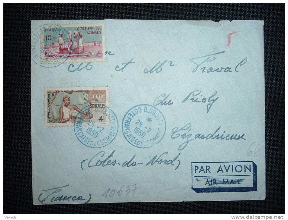 LETTRE PAR AVION POUR LA FRANCE TP 10F + 4F OBL. BLEUE 28-2-1950 DJIBOUTI - Briefe U. Dokumente