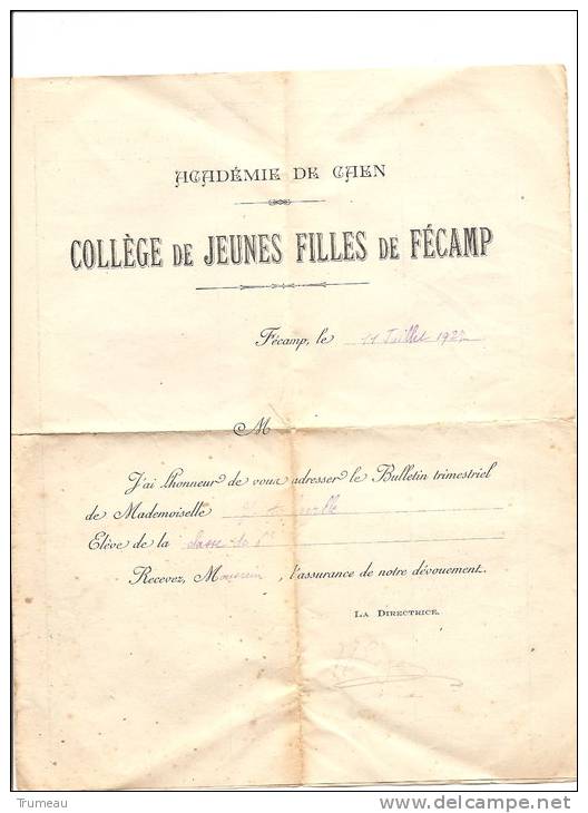 FECAMP-COLLEGE DE JEUNES FILLES-1927-BULLETIN TRIMESTRIEL - Diplômes & Bulletins Scolaires