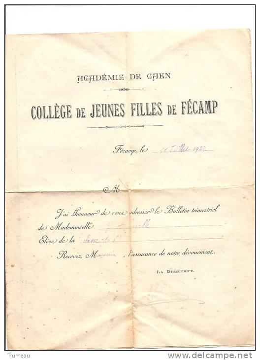 FECAMP-COLLEGE DE JEUNES FILLES-1927-BULLETIN TRIMESTRIEL - Diploma & School Reports