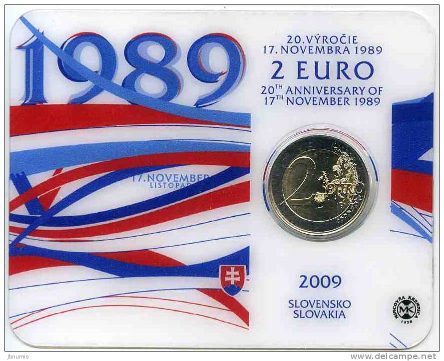 Slovaquie Slovakia 2 Euro 2009 Coin Card Officiel BU 20 Ans Du 17 Novembre 1989 - Slowakije