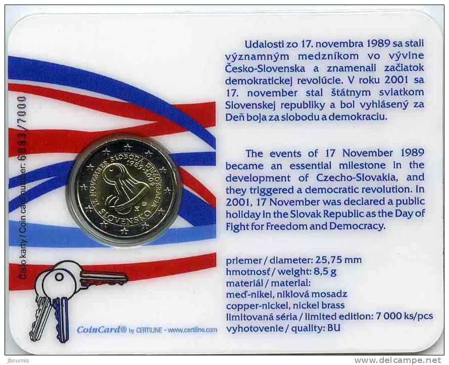 Slovaquie Slovakia 2 Euro 2009 Coin Card Officiel BU 20 Ans Du 17 Novembre 1989 - Slowakije