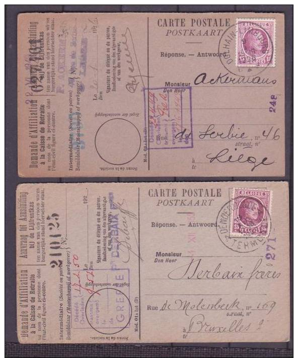 Nr 195 (2x) DOLHAIN-LIMBOURG DENDERMONDE Termonde  Carte Caisse De RETRAITE Lijfrentekas Houyoux LAGE INZET Postkaart - Brieven En Documenten