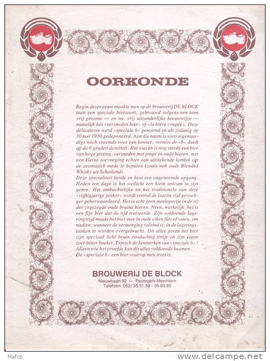 BROUWERIJ DE BLOCK - OORKONDE - 1950 - ...