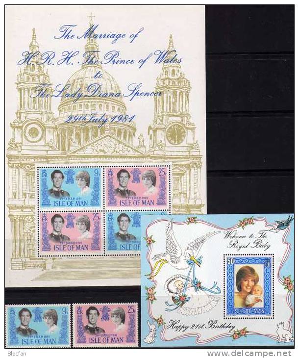 Hochzeit Charles Mit Diana Spencer 1981 Insel Man 194/5,Block 5 Plus 6 ** 12€ Porträt Lady Di Honeymoon Bloc Sheet Of UK - Man (Insel)