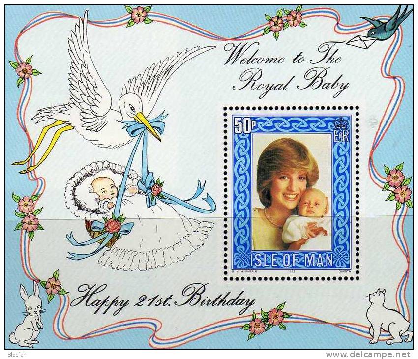 Geburt Von Prinz William Von Wales Diana Spencer 1982 Insel Man Block 6 ** 4€ Porträt Lady Di Motherday Bloc Sheet Of UK - Muttertag