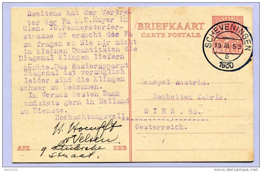 Postkarte Post Card SCHEVENINGEN To VIENNA WIEN 1930 (809) - Postwaardestukken