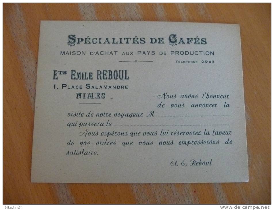 Carte De Visite.CDV.Etats Emile Reboul Nîmes. Spécialités De Cafés. - Visiting Cards