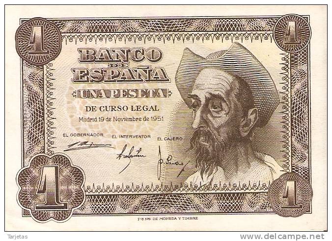 BILLETE DE ESPAÑA DE 1 PTA DEL AÑO 1951 SIN CIRCULAR EL QUIJOTE  SERIE H - 1-2 Pesetas