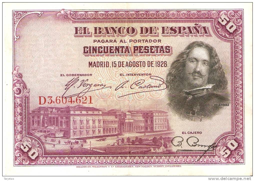 BILLETE DE ESPAÑA DE 50 PTAS DEL AÑO 1928 SERIE D CALIDAD MBC (BANKNOTE) - 50 Pesetas