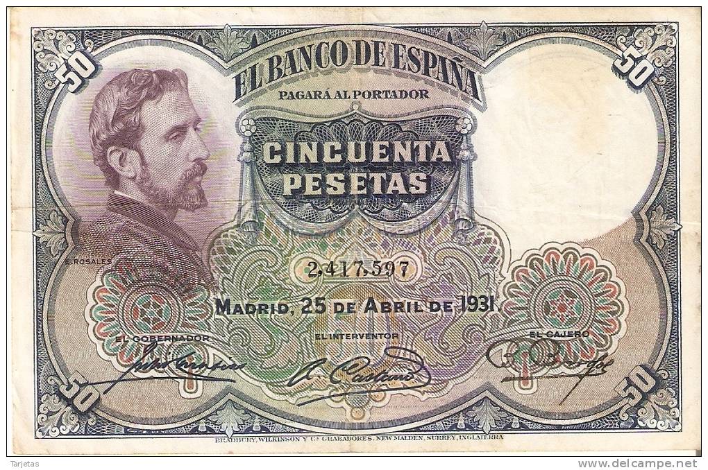 BILLETE DE 50 PTAS DE 1931 E. ROSALES SIN SERIE CALIDAD BC   (BANKNOTE) - 50 Pesetas