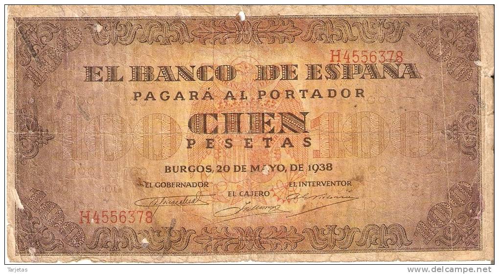 BILLETE DE ESPAÑA DE 100 PTAS 20/05/1938 SERIE H (BANKNOTE) Numeracion Inclinada Y Encima De La Ñ - 100 Pesetas