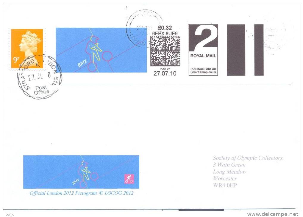 UK Olympic Games 2012 Letter; BMX Cycling Pictogram Smart Stamp 2nd Class Uprated To 1st Class; BMX Pictogram Cachet; - Summer 2012: London