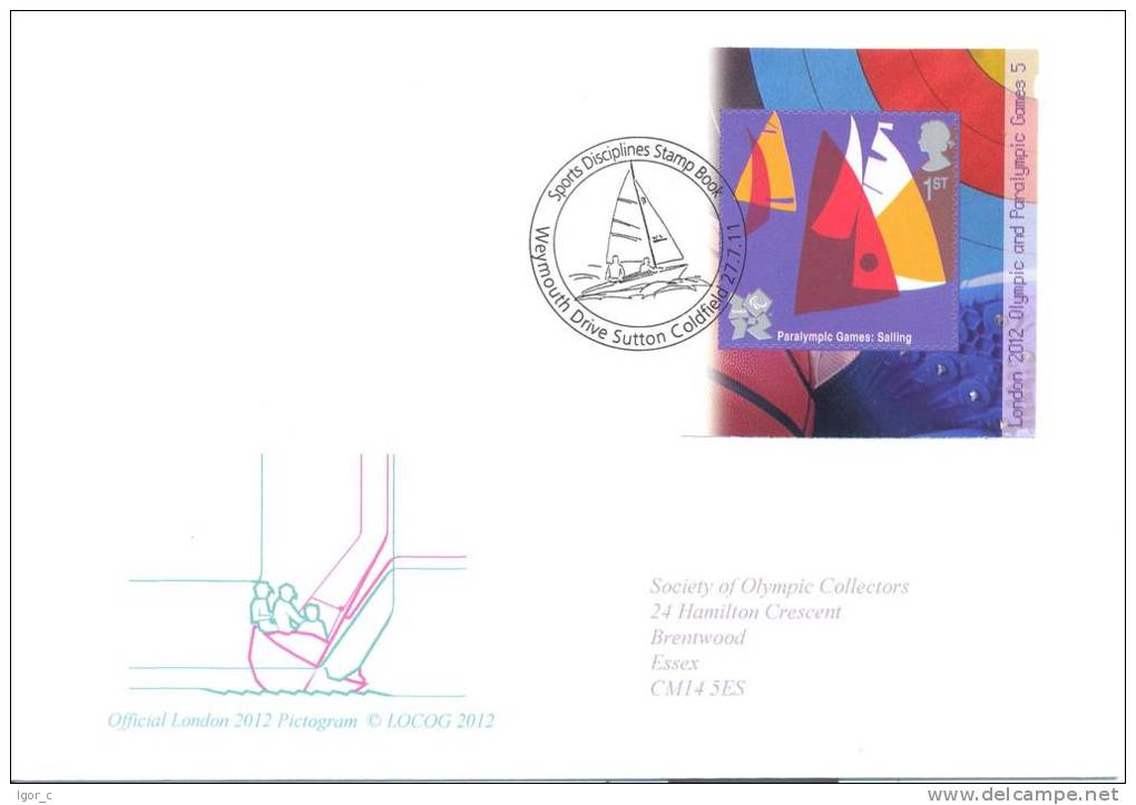 UK Olympic Games 2012 Letter; Sailing Pictogram Cachet And 1st Class Paralympic Games Sailing Stamp And Cancellation - Summer 2012: London