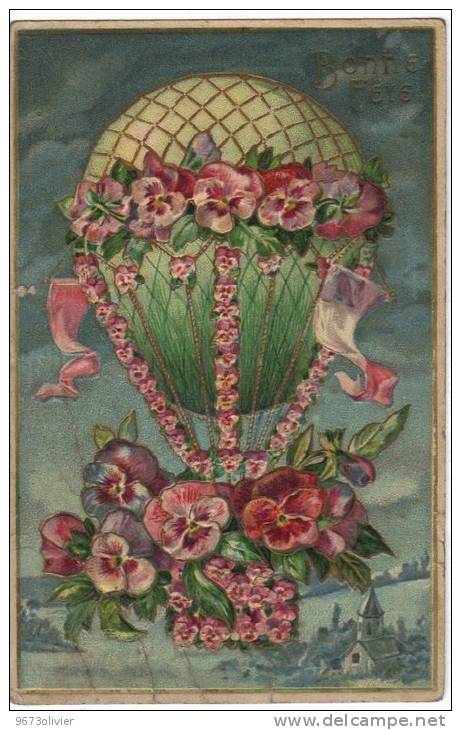 MONTGOLFIERE Avec Fleurs, Pensée, Carte Dorée Et Gauffrée - Fesselballons