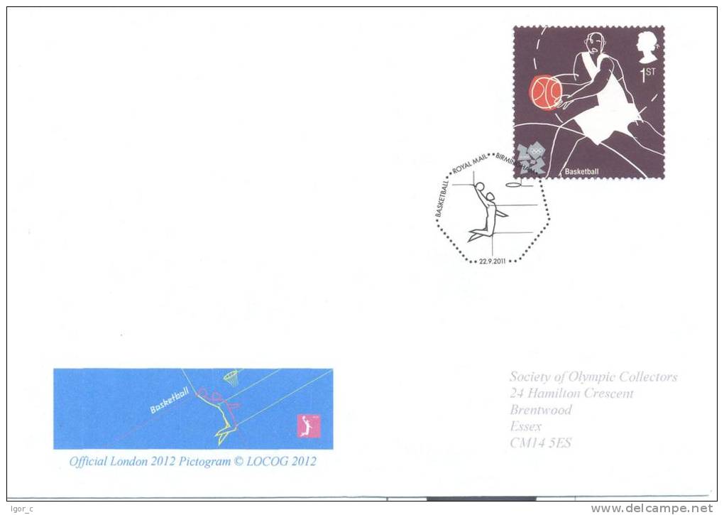 UK Olympic Games 2012 Letter; Basketball Cachet, Basketball Stamp And Basketball Cancellation - Estate 2012: London