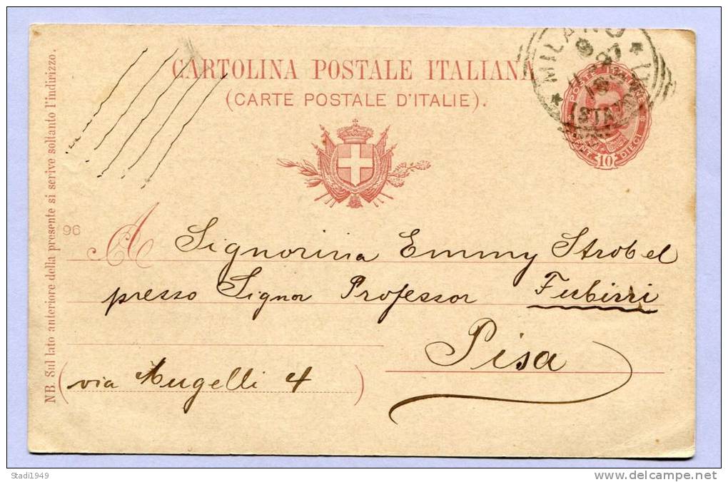 Cartolina Carte Postale Italiana NOZZE PRINCIPE DI NAPOLI ELENA DEL MONTENEGRO Cent 10 Ovale 1896 MILANO To PISA  (819) - Stamped Stationery