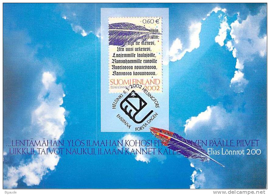 FINLANDE CARTE  MAXIMUM  NUM.YVERT 1578 ELIAS LONNROT HOMMAGE - Maximum Cards & Covers