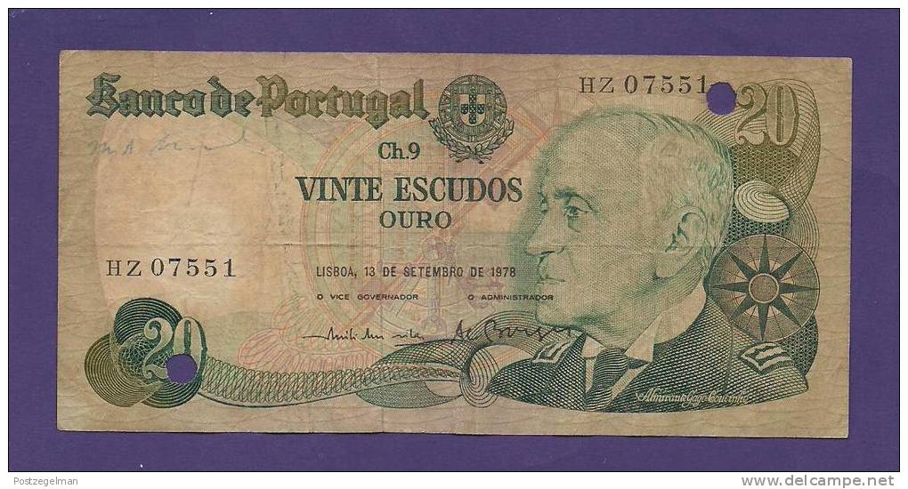 PORTUGAL 1978,  Banknote Used VG, 20 Escudos Km70b (2 Punch Holes) - Portugal