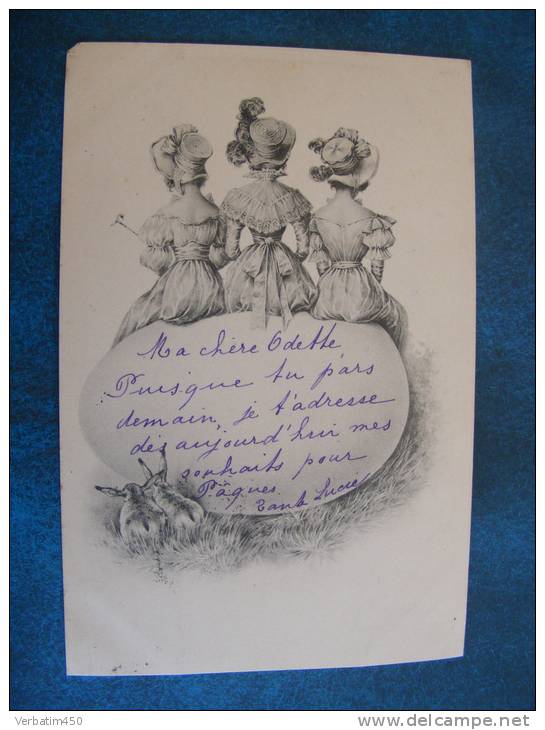 CP..M.M.VIENNE...TROIS FEMMES ASSISES SUR UN OEUF DE PAQUES..LAPINS OU LIEVRES..PRECURSEUR 1901....CACHET PARIS SOLLIER - Tuck, Raphael