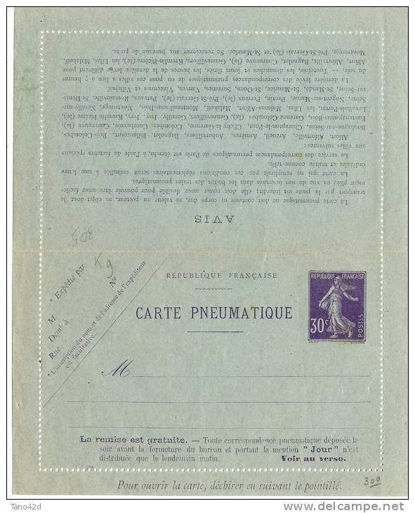 LTR7 - FRANCE SEMEUSE CAMEE 30c VIOLET SUR CARTE LETTRE PNEU 42 VILLES DATE 325 - Pneumatic Post