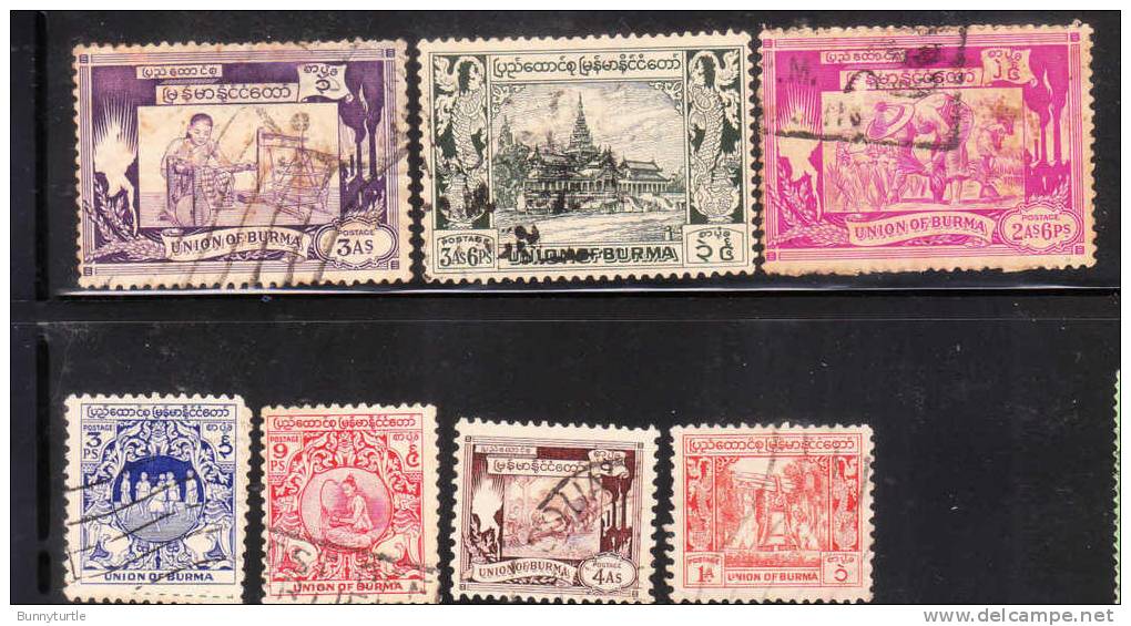 Myanmar 1949 Definitive Temple Farming 7v Used - Myanmar (Birmanie 1948-...)