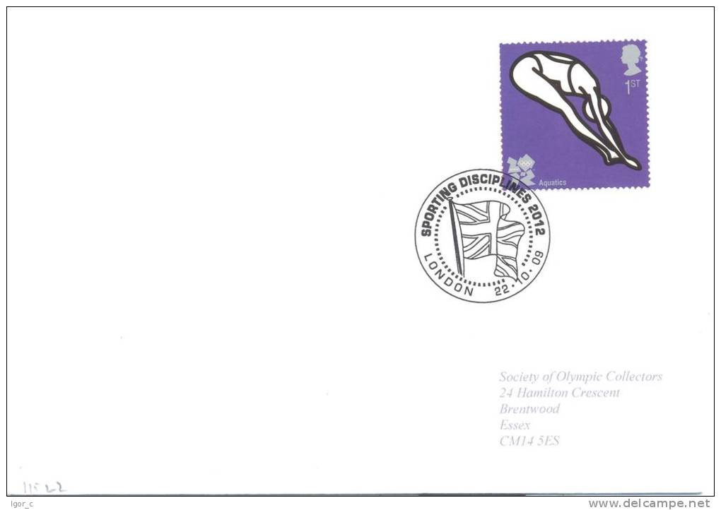 UK Olympic Games 2012 Letter; Aquatics - Diving 1st Class Stamp And SPorting Disciplines Postmark - Summer 2012: London