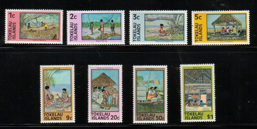 TOKELAU 1976-1981 DEFINITIVES SET OF 8 NHM NATIVE SCENES HUT CANOE FISHING COOKING - Tokelau