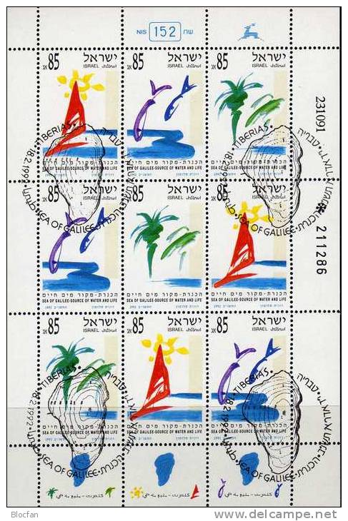 Genazareth Palmen Am See 1992 Israel 1214/6TAB Im 9-KB SST 45€ Sonne Segelboot Fische Tourismus Bf Bloc Sheetlet Of Asia - Blocs-feuillets