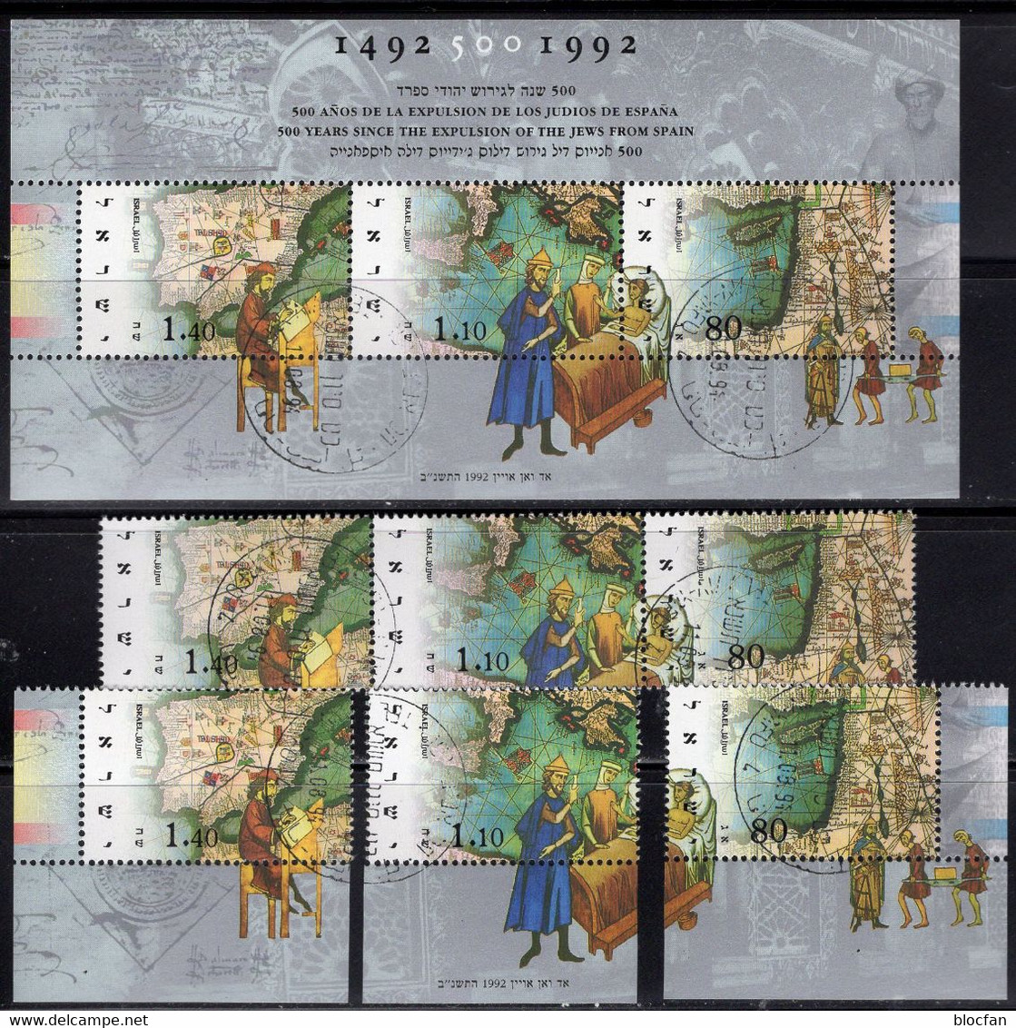 Juden-Vertreibung Spanien 1992 Israel 1223/5,3-ZD+Block 45 O 21€ Mittelmeer-Karte Sheet Map Ss History Se-tenant Bf Asia - Gebruikt (zonder Tabs)