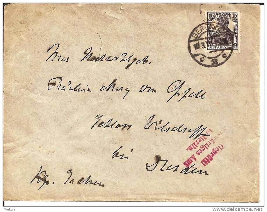 INF040a / Germania 15 Pfg. (Michel 101).  Devisenkontrollstempel Auswaertiges Amt 1919 - Briefe U. Dokumente