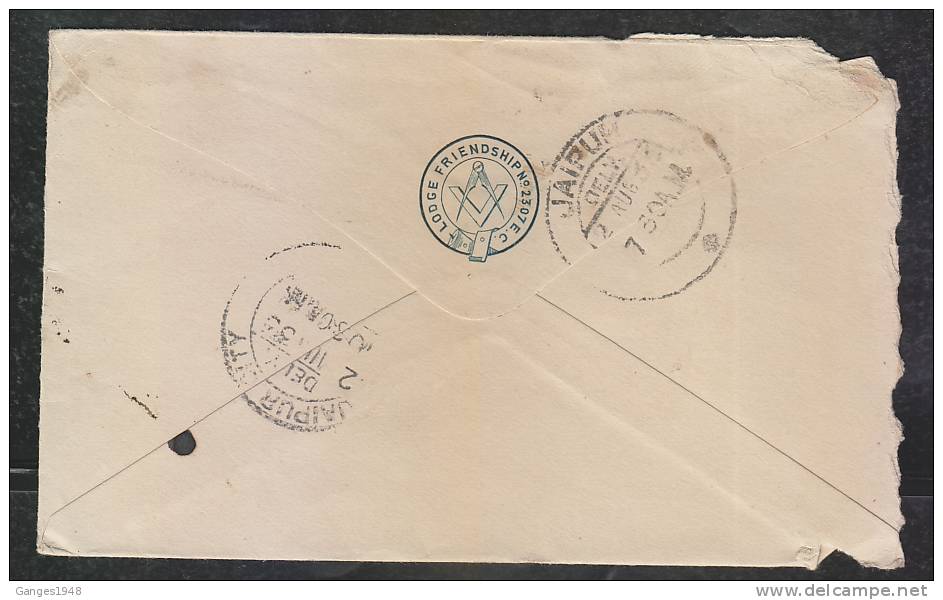 India  1933  Lodge Freindship  No 2307 Crested Cover To Jaopur # 44311  Inde Indien - Francmasonería