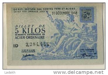 BILLET 5  KILOS ACIER ORDINAIRE # 31 DECEMBRE  1948 # SECTION FONTES FERS ACIERS # METALLURGIE PRODUITS SIDERURGIQUES - Bons & Nécessité