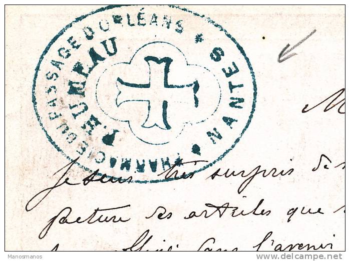 442/20 - Carte Précurseur TP Cérès NANTES 1875 - Joli Cachet Humeau, Pharmacie Du Passage D´ Orléans - Cartes Précurseurs