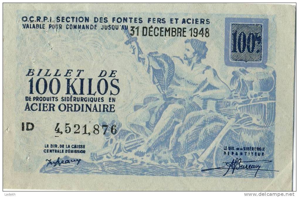 BILLET 100  KILOS ACIER ORDINAIRE # 31 DECEMBRE  1948 # SECTION FONTES FERS ACIERS # METALLURGIE PRODUITS SIDERURGIQUES - Bons & Nécessité