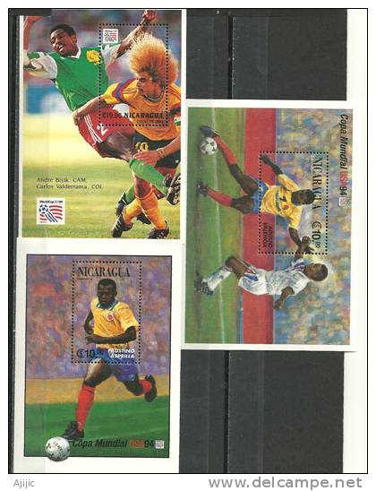 NICARAGUA:Coupe Du Monde 1994. 3 BF Neufs ** (Faustino Asprilla, Colombie,André Kana-Biyik,Cameroun,Valderrama,etc) - Unused Stamps