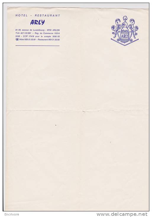 Papier A Lettre A Entete HOTEL Restaurant ARLY A Arlon Belgique - 1900 – 1949