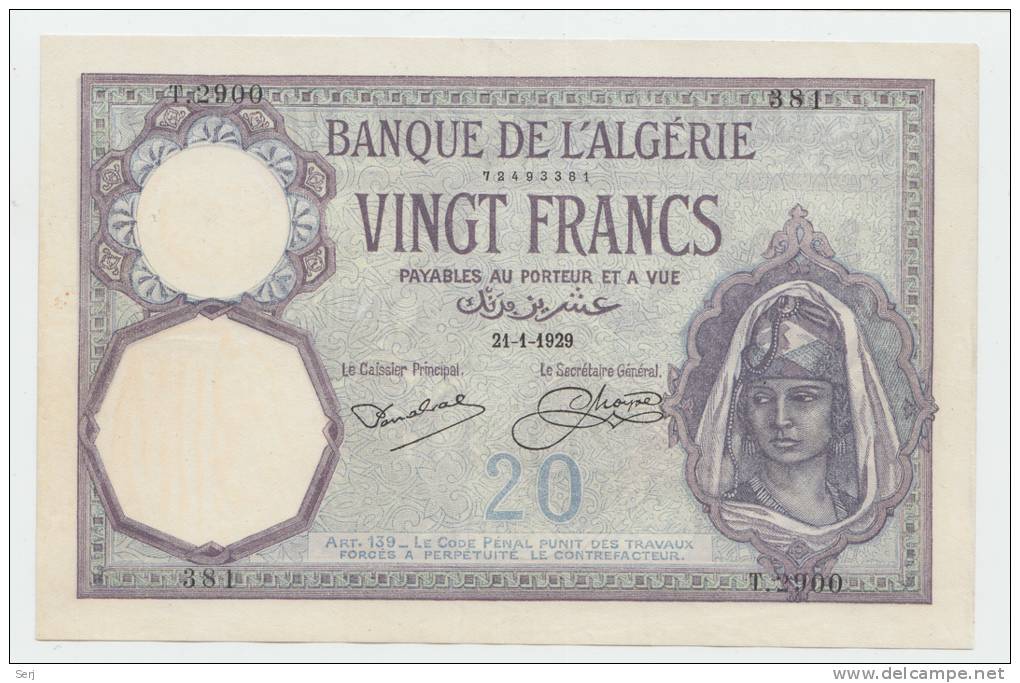 Algeria 20 Francs 1929 XF+ Banknote P 78b 78 B - Algérie