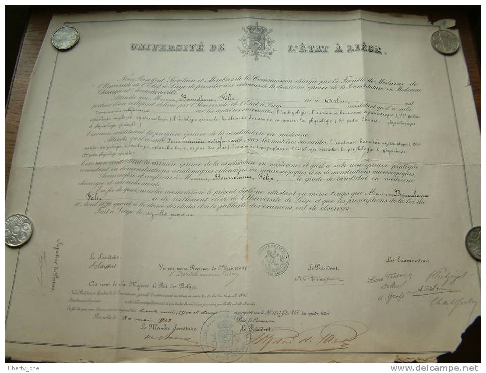 Université De L'état à Liège / Faculté De Medecine - Certificat De BONNELANCE Félix / Anno 1902 ( Details Zie Foto ) ! - Diplômes & Bulletins Scolaires