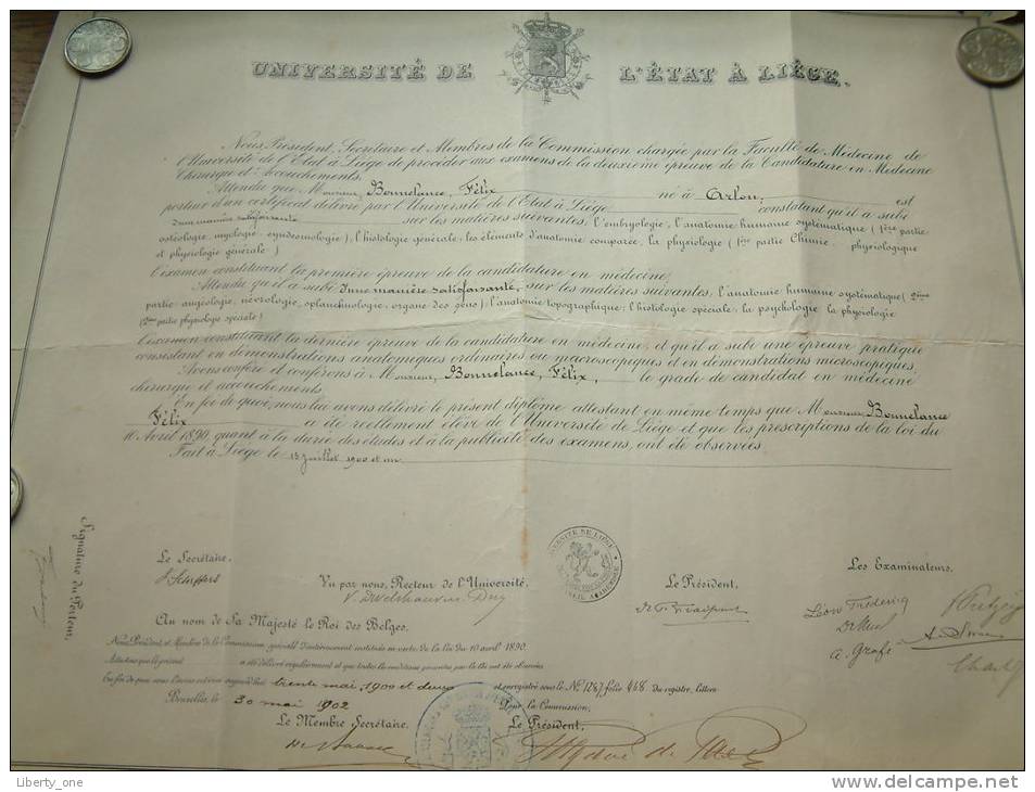 Université De L'état à Liège / Faculté De Medecine - Certificat De BONNELANCE Félix / Anno 1902 ( Details Zie Foto ) ! - Diplômes & Bulletins Scolaires